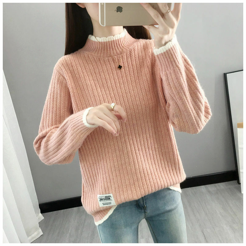Fashion New Lace Half Turtleneck Long-sleeved Sweater Women's Autumn and Winter Solid Color Knitted All-match Top Female Casual