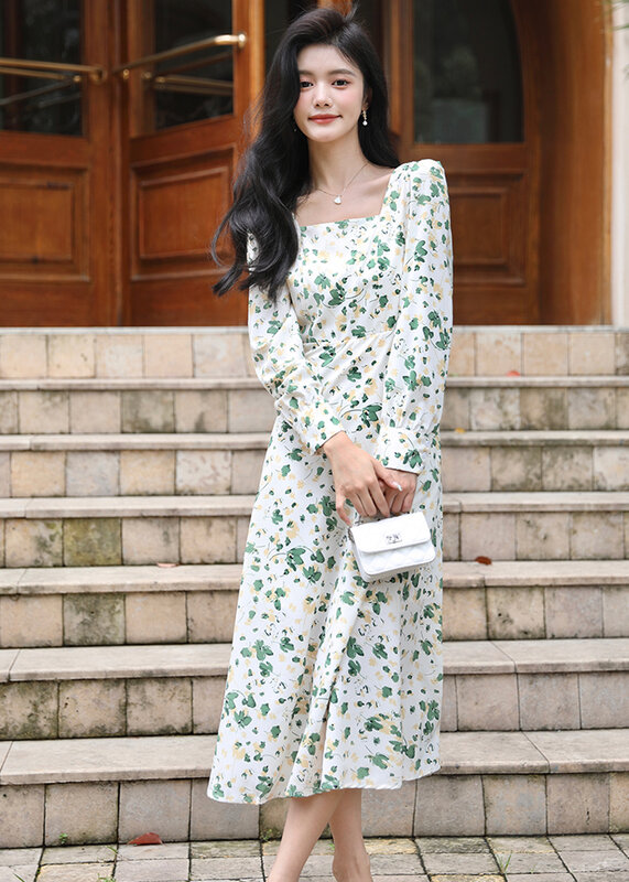 Women's Vintage Green Floral Print Chiffon Midi Dress 2023 Autumn Elegant Square Collar Long Sleeve Casual A-Line Party Dresses