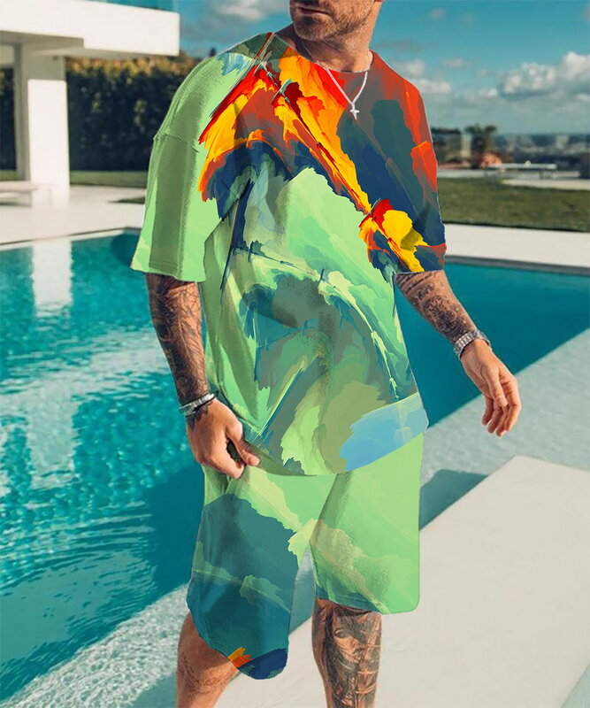 夏男性の衣装3Dプリント半袖tシャツ衣装カジュアル2ピースストリートファッション男性の服
