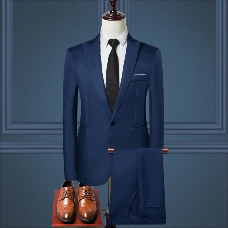 Мужской комплект из 2 предметов на весну и осень, однотонная облегающая деловая официальная одежда, повседневный костюм, офисный костюм для ...