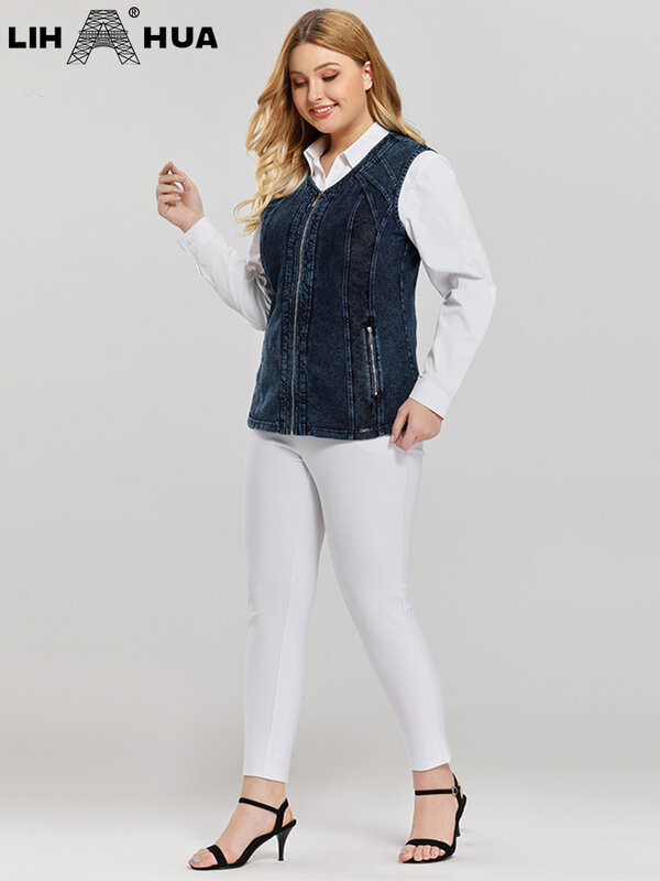 LIH HUA Chaleco de talla grande para mujer Chaleco de primavera de alta elasticidad con bolsillos Chaleco de moda informal de punto de algodón
