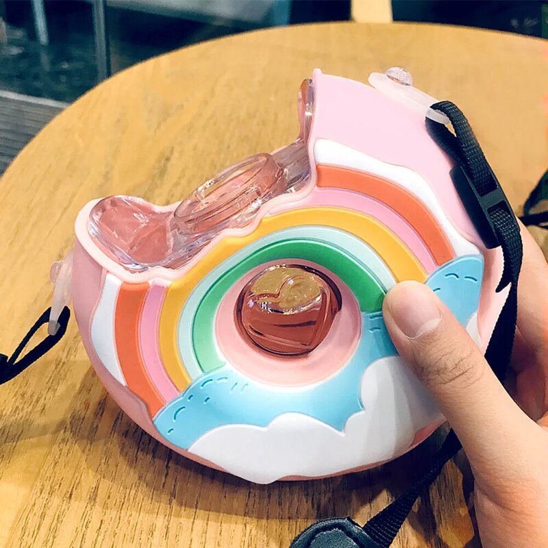 Garrafa de água para sorvete infantil, garrafa criativa em formato de melancia quadrada do arco-íris, à prova de vazamento com canudo