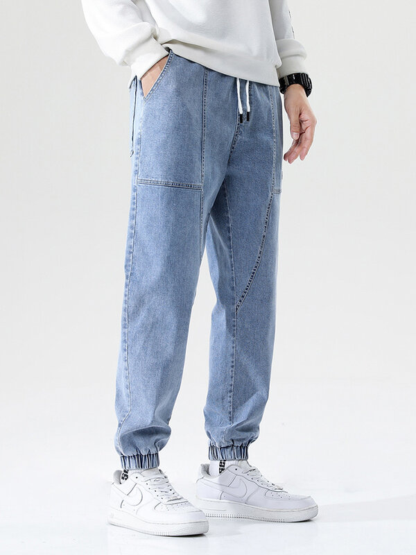 Новинка 2022, весенне-летние однотонные хлопковые мешковатые джинсы для мужчин, Стрейчевые джинсовые джоггеры, уличная одежда, длина по щикол...