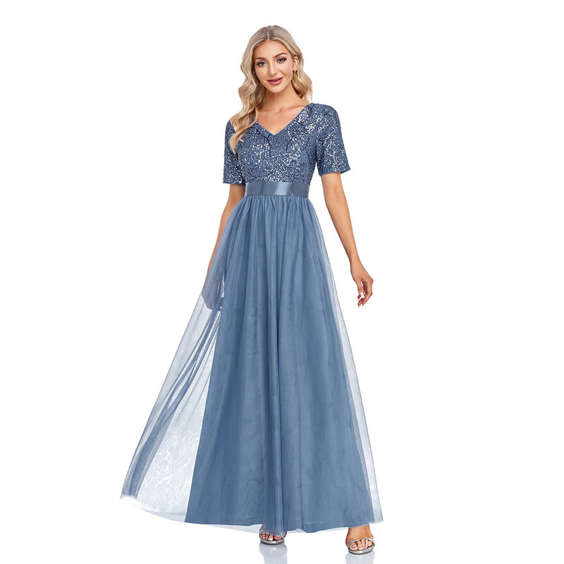Dekolt w szpic cekiny i tiul eleganckie niebieskie suknie wieczorowe krótkie rękawy długość podłogi damskie letnie sukienki imprezowe