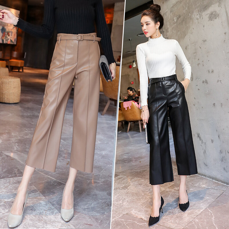New Autumn Winter Women PU Leather Pants Belted High Waist Faux Leather Ladies Trousers Winter Pants Brand Wide Leg Pants 818G