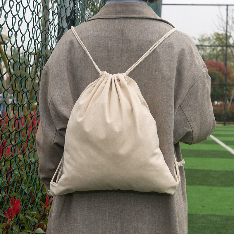 Minimalist Blank Calico Drawstring Bag Fitness Gym Sack Plain Natural Canvas Drawstring Backpack