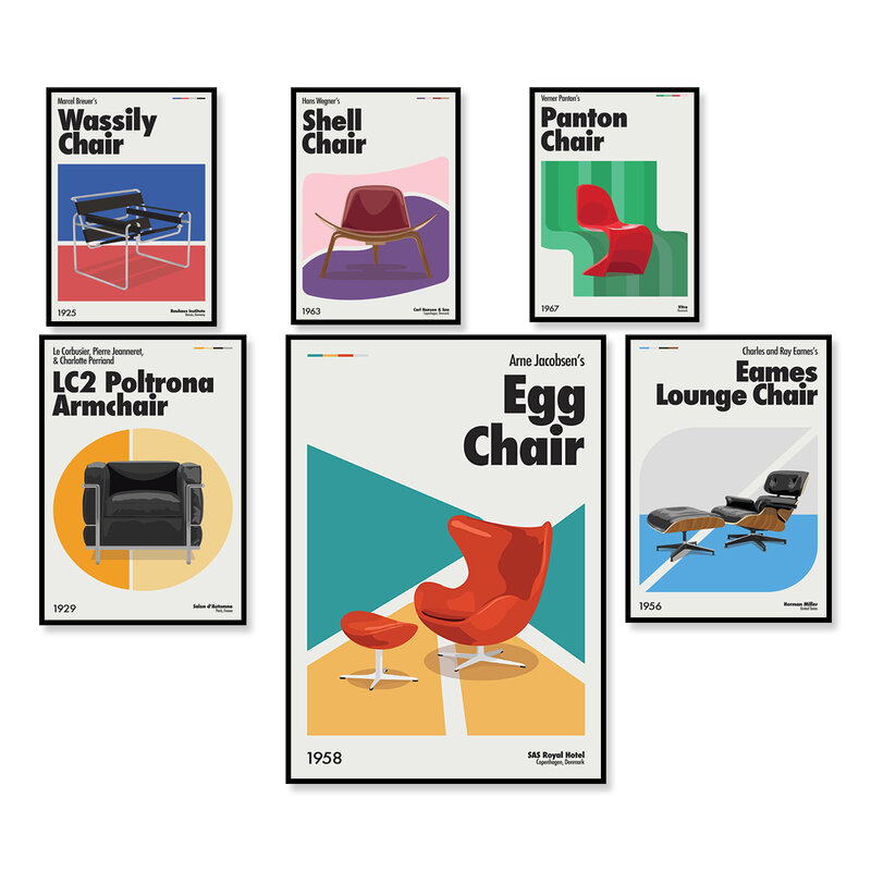 Impressão do cartaz da cadeira de wassily, cadeira de concha, poltrona de poltrona, cadeira de ovo, cadeira de panton, cadeira de design dinamarquês cartaz escandinavo