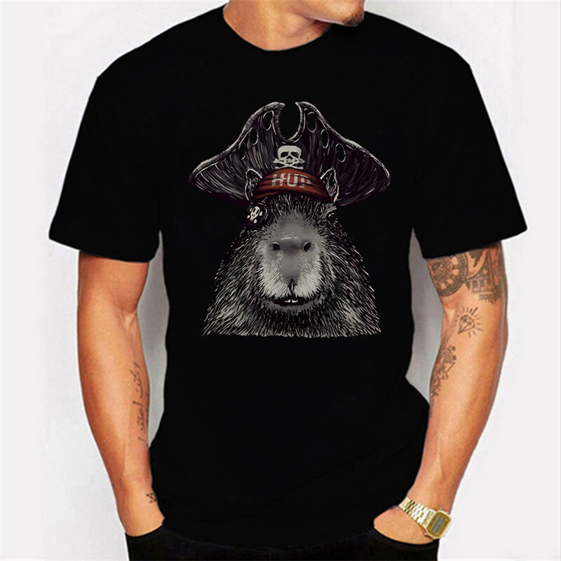 Capyrate Pirate Capybara Print Oversized Tshirt for Men Graphic T-shirt Cotton Black Unisex Male T Shirt Harajuku Tee Shirt Tops