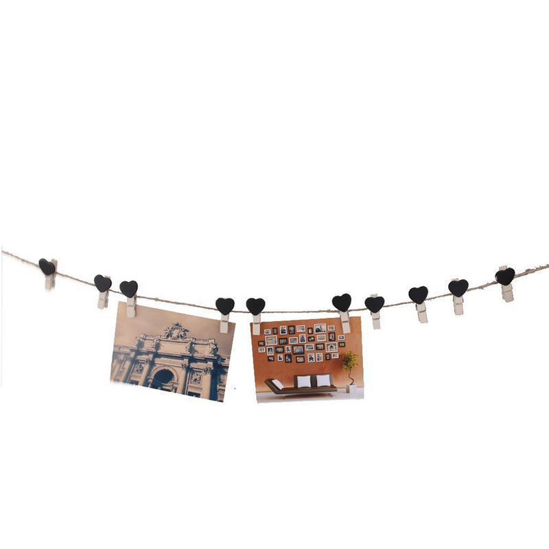 10 piezas de Clips de madera con forma de corazón, soporte colgante para fotos de boda, decoración de fiesta (negro)