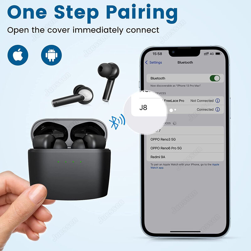 J8 ANC TWS Earphone Bluetooth 5.2 Headphone Noise Cancelling Aktif Nirkabel Earbud ENC 4-mikrofon Latensi Rendah dengan Mikrofon Tahan Air