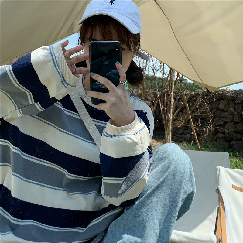 Felpe con cappuccio da donna Harajuku Stripe Cotton Hoodie Clothes 2022 primavera estate manica lunga sciolto Kawaii coreano sottile felpa Kpop top