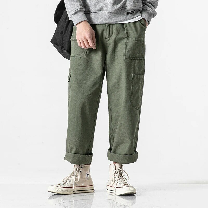Japanese Streetwear Fashion Casual Cargo Pants Men Clothing Harajuku Straight Trousers Spring Autumn Simple Army Green Pants