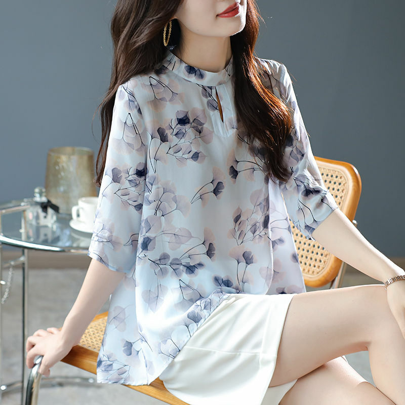 Camisa de gasa estampada de estilo chino para mujer, blusa informal con cuello redondo y manga de cinco puntos, 2022