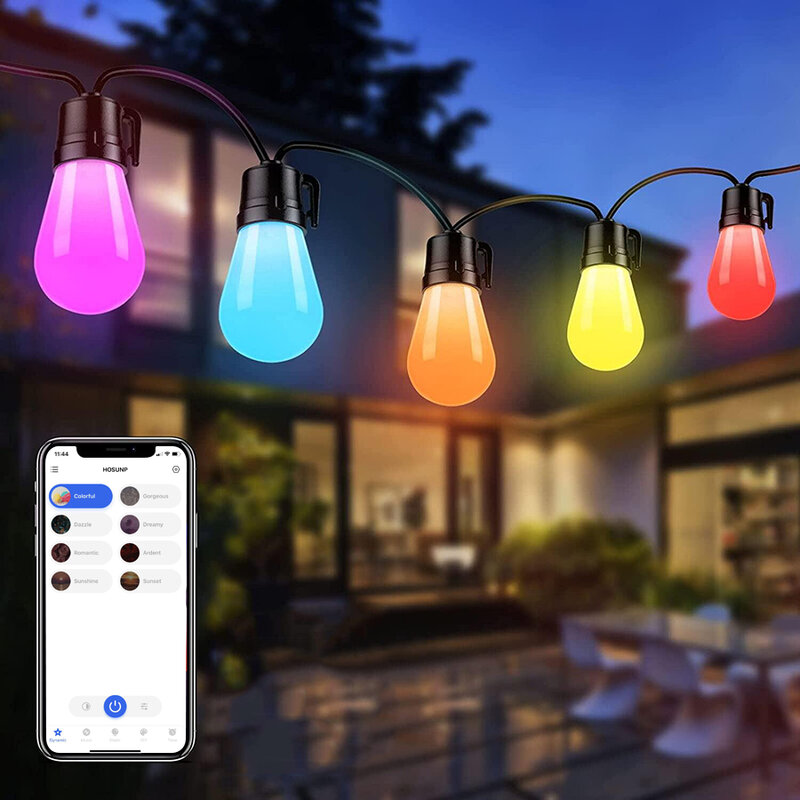 Bluetooth RGB Atmosphere Night Light 48ft IP65 Outdoor Waterproof S14 String Lights Bulb Garden Christmas Party Decoration Light