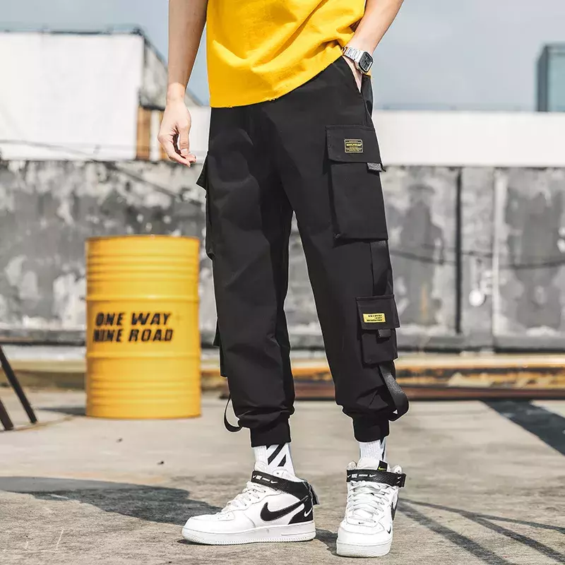 Nowe spodnie do biegania Cargo dla mężczyzn Casual hip-hopowe kieszenie męskie spodnie dresowe Streetwear wstążki Techwear Pants