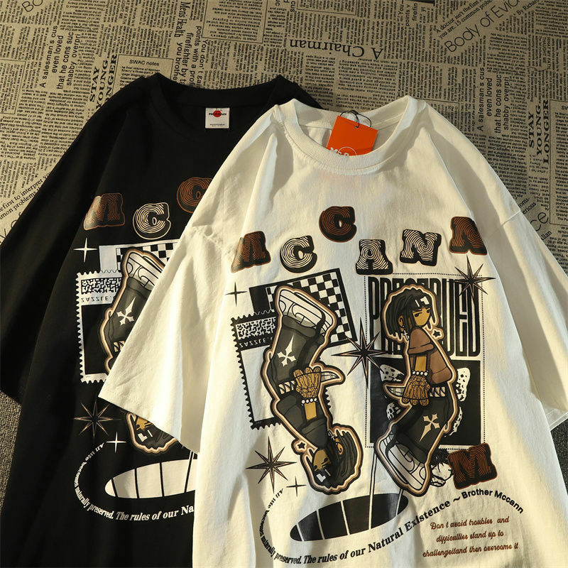 Camiseta de manga corta de marca de moda americana Retro para hombres, Camiseta holgada y versátil de estilo europeo y americano, top de media manga