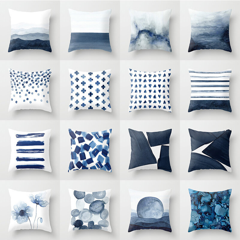 Fundas de almohada de estilo nórdico para decoración del hogar, funda de almohada de paisaje geométrico azul con tinta, decoración de sofá y coche, 44x44cm