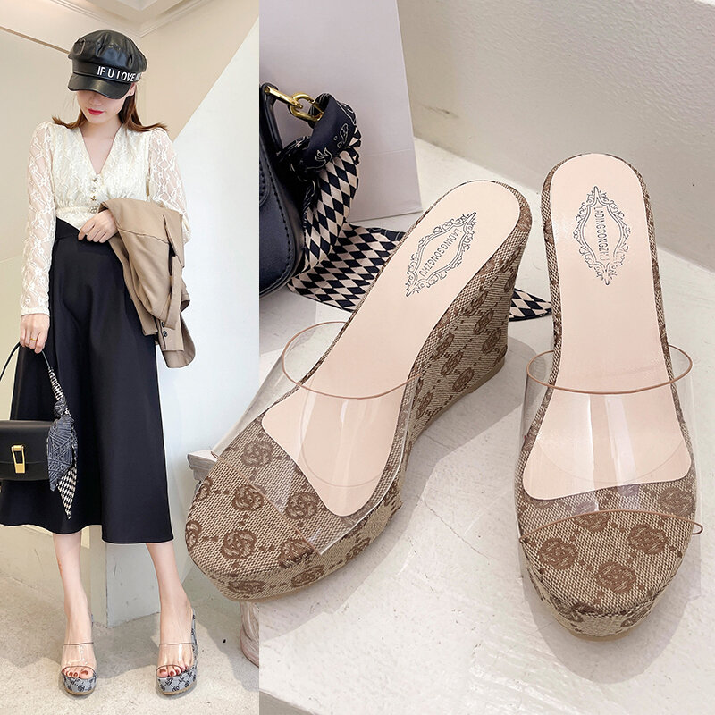 Sommer Hausschuhe PVC Transparent Peep Toe Plattform Keile Hausschuhe Sandalen Frauen Mode High Heels Weibliche Schuhe 10cm Gold