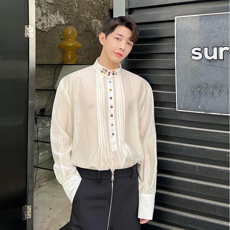 Camicia Oversize a maniche lunghe camicie da uomo originali bottone colorato pieghe d'organo camicetta allentata Irregul abbigliamento da uomo firmato coreano