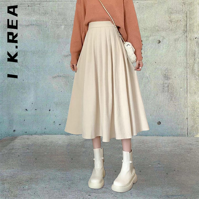 Lucyever Fashion wysokiej talii plisowana spódnica kobiety koreański elegancki styl College spódnica trzy czwarte panie jesień zima grube spódnice trapezowe