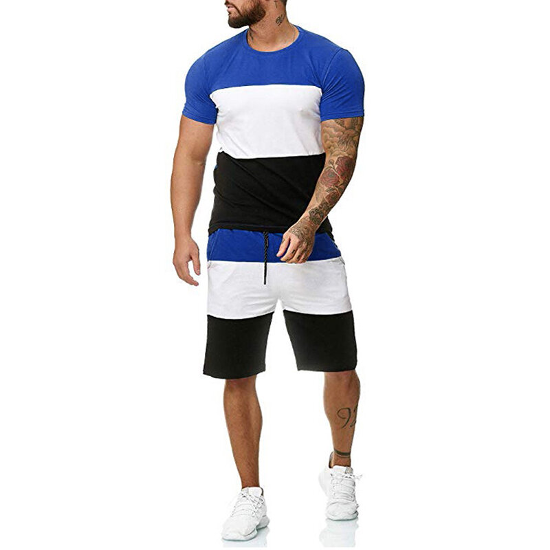 Kaus Lengan Pendek Pria Pakaian Rumah Olahraga Kebugaran Musim Panas Baru + Celana Set Celana 2 Potong Setelan Pria Gaya Pantai untuk Pakaian Olahraga Pria
