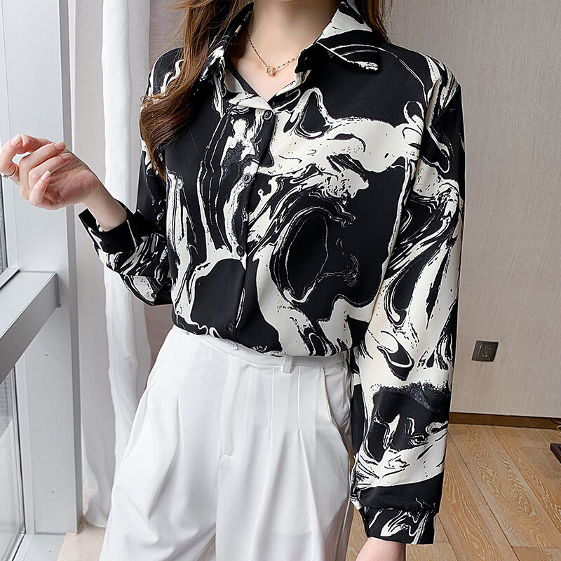 Женская рубашка, весна 2022, элегантный Шелковый Топ с длинным рукавом и принтом с чернилами, Свободная блузка, женские топы на пуговицах