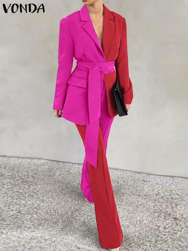 Kobiety biurowe spodnie zestawy 2022 VONDA kobiet formalnym garnitur Blazers Lapel popędzający płaszcze kurtki kolorowy Patchwork spodnie garnitury Femme