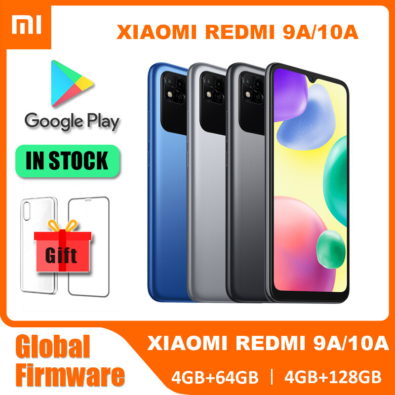 Oryginalny Xiaomi Redmi 9A/10A globalne oprogramowanie Smartphone 4GB + 64GB/128GB Unlocked Xiaomi inteligentny telefon bezpłatny futerał szklany Film komórkowy