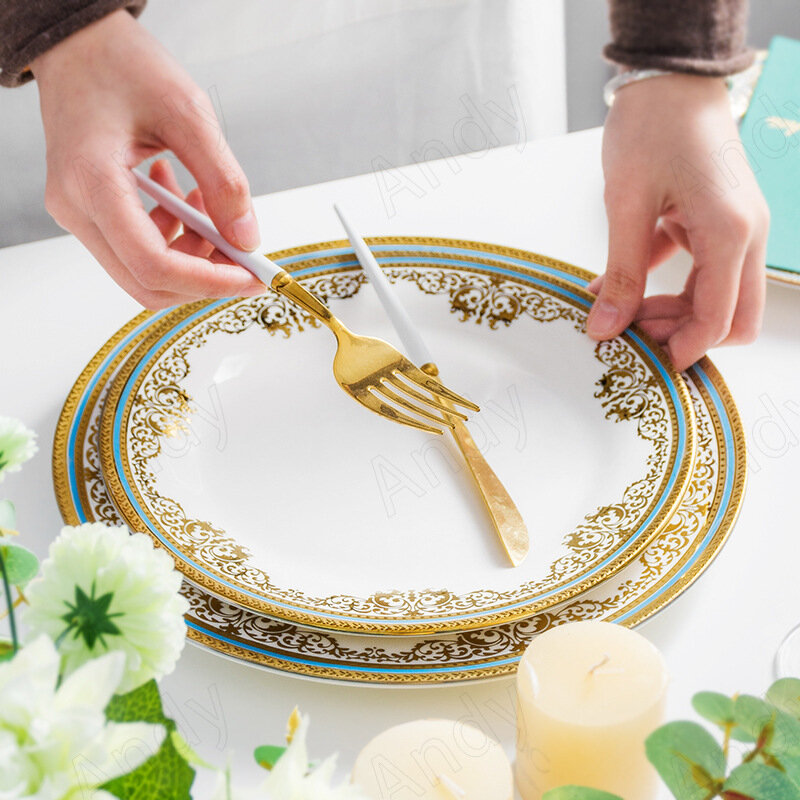 유럽 세라믹 플레이트 세트 황금 스트로크 장식 서양 식당 스테이크 접시 궁전 꽃 릴리프 탁상 과일 샐러드 접시