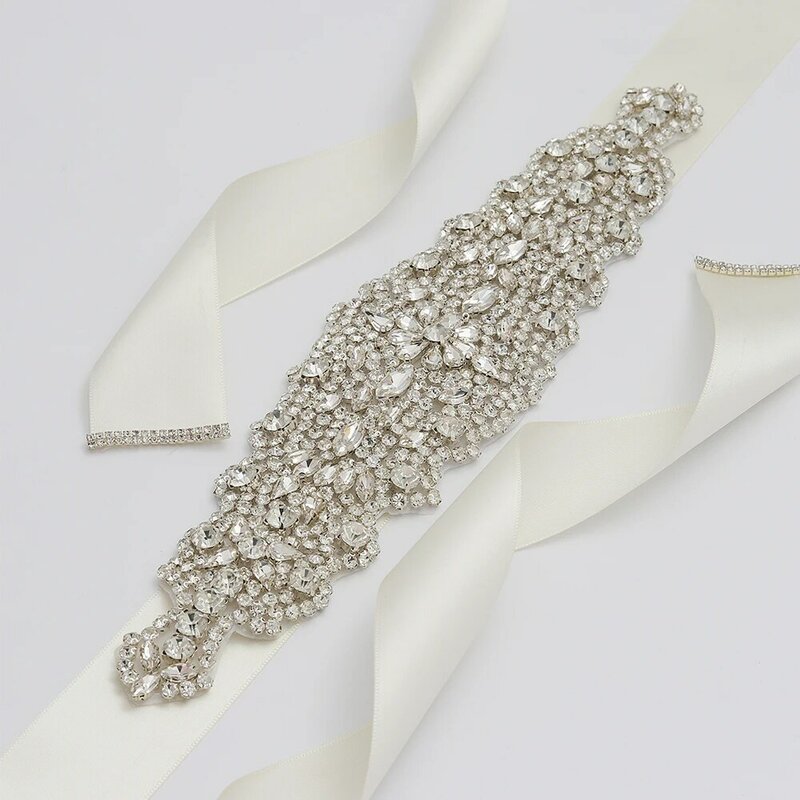 MissRDress Luxury Rhinestones Wedding Belt Big Size Crystal Bridal Sash Silver Diamond Bridal Belt For Wedding Long Dress JK859
