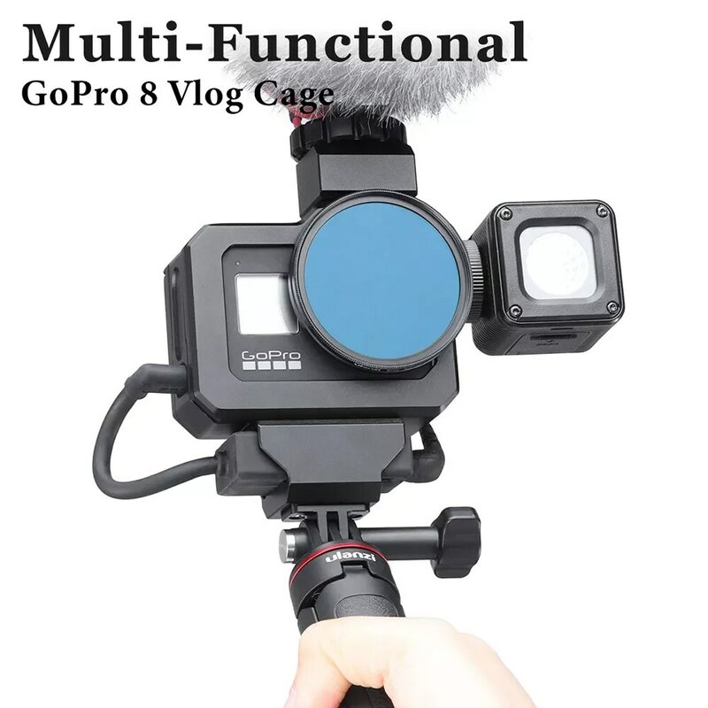 ULANZI G8-5 Kandang Vlog Logam untuk Gopro Hero 8 Kandang Kamera Sepatu Dingin Ganda Hitam untuk Lampu LED Mikrofon dengan Adaptor Filter 52Mm