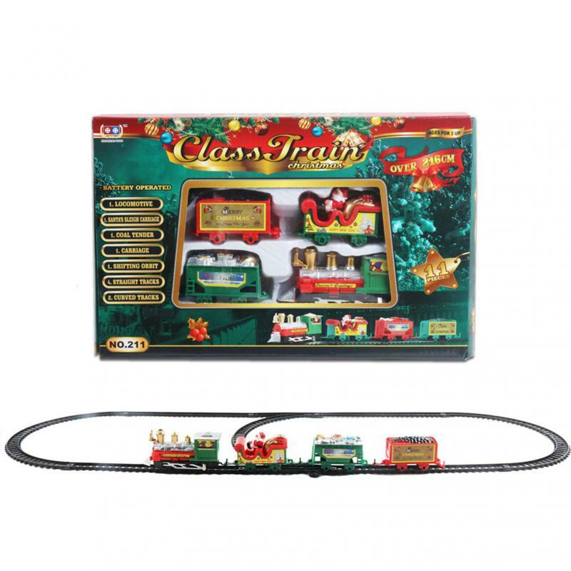 Set mainan kereta listrik Natal, anak-anak, mainan jalur kereta api kecil, balap musik ringan elektrik, mainan bangunan Transportasi Jalan