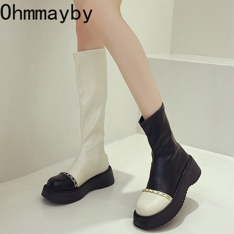 Woman Knight Knee-high Boots Platform Flats Heel 5CM Ladies Zippers Fashion Soft Leather Winter Long Boots 2022 Shoes For Women