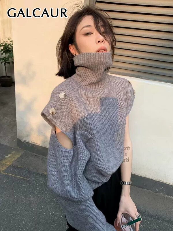 GALCAUR Solid Patchwork Sweater For Women Turtleneck Lantern Sleeve Knitting Sweaters Female Autumn Clothing Fashion Casual 2022