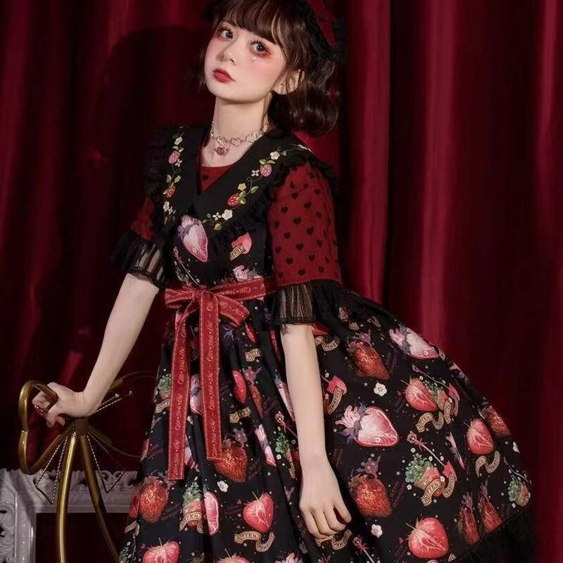 Japonês gótico lolita vestido meninas do vintage morango escuro lolita jsk vestido feminino harajuku legal sem mangas punk suspender vestido