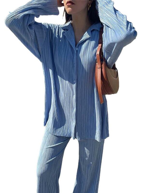 Camicia da donna primavera pieghettata a due pezzi Set di pantaloni larghi a vita alta allentati abito 2022 Casual elegante da donna da ufficio