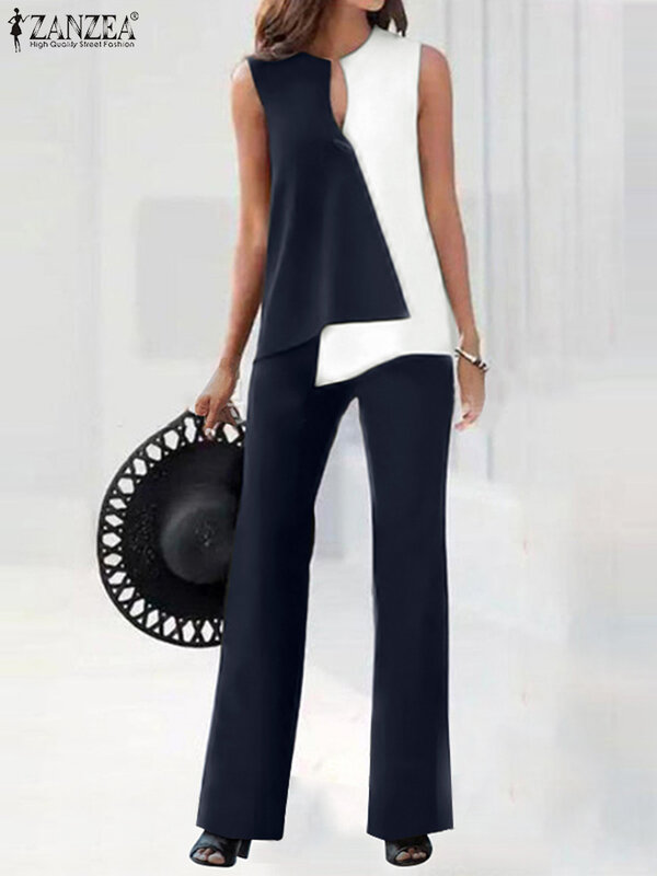 ZANZEA-Conjunto de pantalones de pierna ancha para mujer, chándal urbano elegante e informal de talla grande, con retales, sin mangas y cuello redondo, para verano