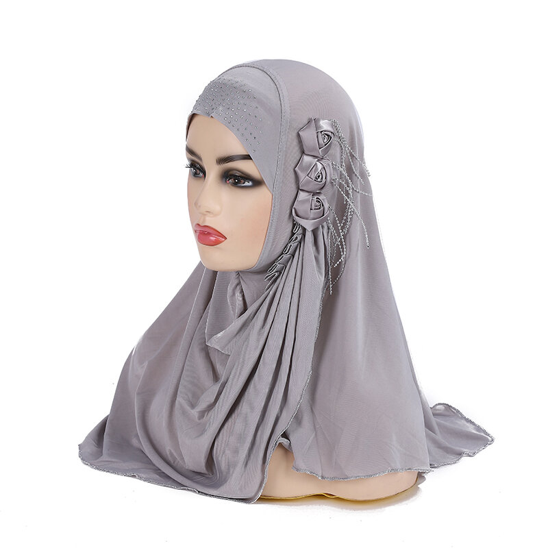 H357a beautiful muslim girls hijab with flower chains pull on amira islamic scarf head wrap Turban caps shawl