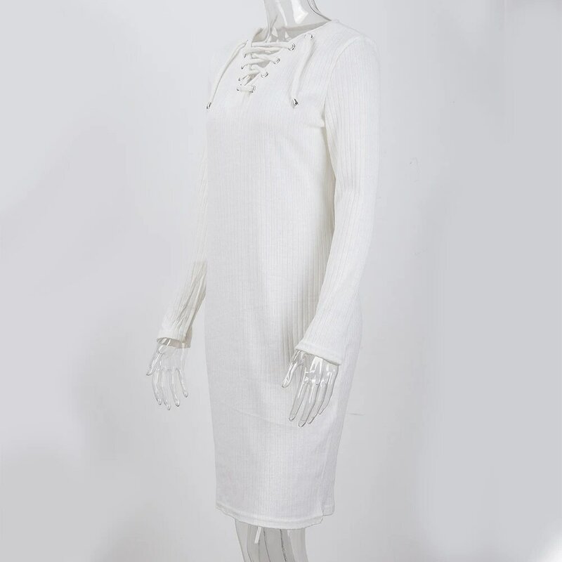 Vestido ajustado de manga larga con cordones para mujer, prenda básica de invierno a la moda, de tejido elástico, informal