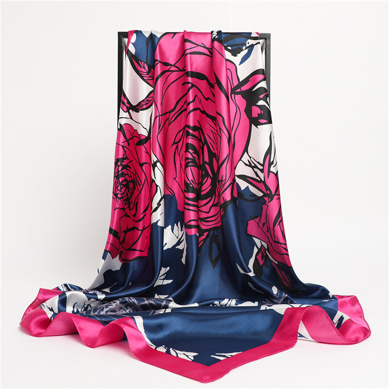 Pañuelo de seda satinada con estampado de flores rosas para mujer, Hijab cuadrado, Bandana, banda para el pelo, chal de 90x90cm