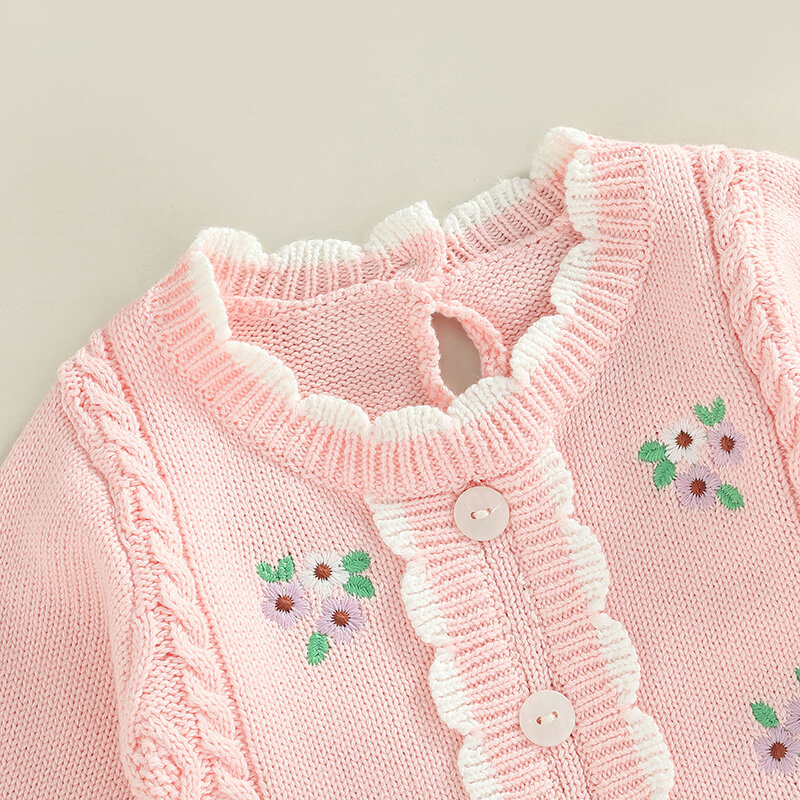 Newborn Baby Knitted Flower Embroidery Romper Toddler Infants Round Neck Long Sleeve Warm Bodysuit with Buttons for Girls