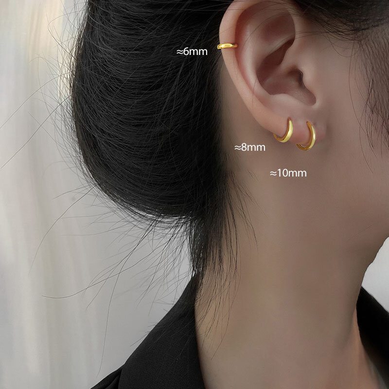 ANENJERY Silver Color 1 Pair Minimalist Huggie Hoop Earrings For Women Tiny Round Earrings 6mm/8mm/10mm/12mm/15mm