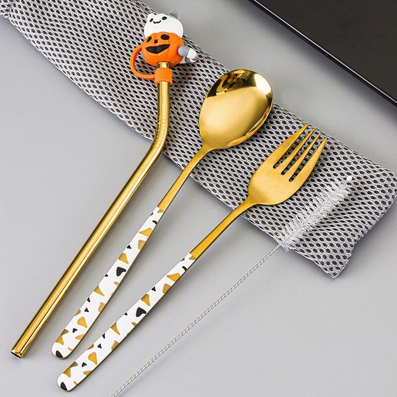 4pcs Portable Lunch Tableware Cutlery Set Stainless Steel Spoon Fork Straw Travel Outdoor Knife Tableware Camping Cutlery