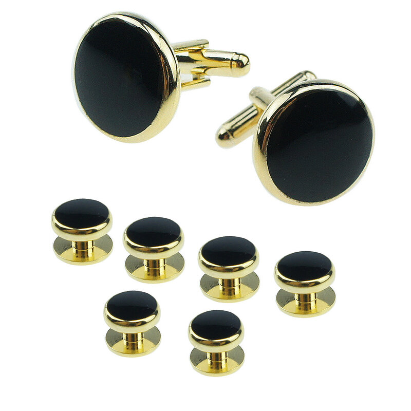 8PCS Gold Mens Cufflinks and Studs Set Tie Clasp Cuff Links Shirts Classic Black&Silver Match for Business Wedding Formal Suit