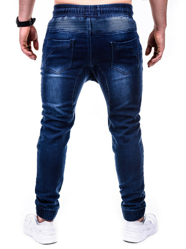 Classics Blue Jeans Mens Denim Cotton Pants Causal Vintage Cargo Pants Drawstring Stretchy Pencil Jeans Male Zipper Ornament