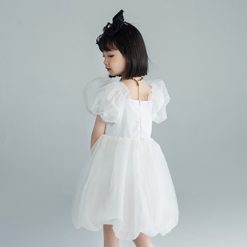 Summer Dress Girl White Bubble Sleeve Princess Dress  Designer Style Fashion Girl Chiffon Dress Evening Dress Girls Aged 4 To 12