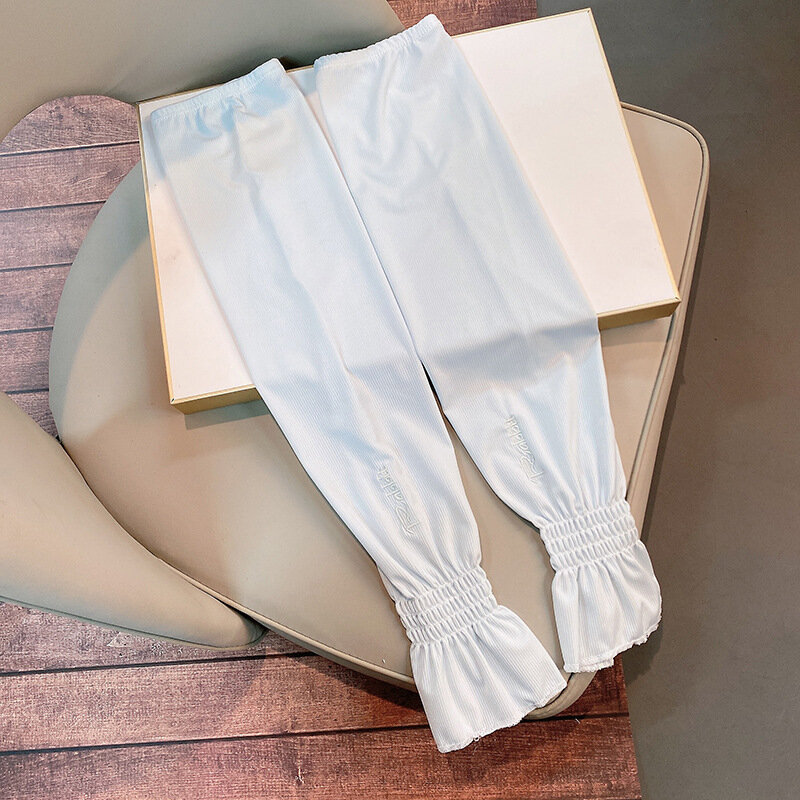 Mangas de seda fría con borde de encaje para mujer, protección UV, cubierta de conducción de calidad, moda de verano