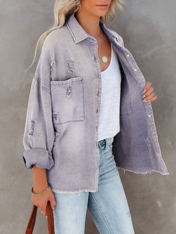 Hole Denim Coat Women 2022 Spring Autumn Long Sleeve Double Pocket Loose Outerwear Jeans Jacket Chaquetas Para Mujer