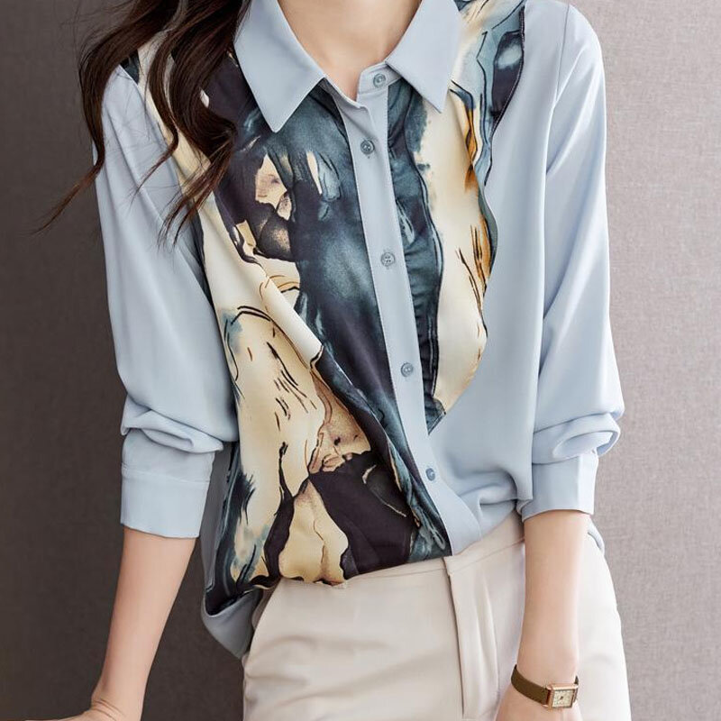 Blusa empalmada estampada de manga larga para mujer, nueva moda de primavera 2022, ropa femenina,camisa elegante con cuello vuelto