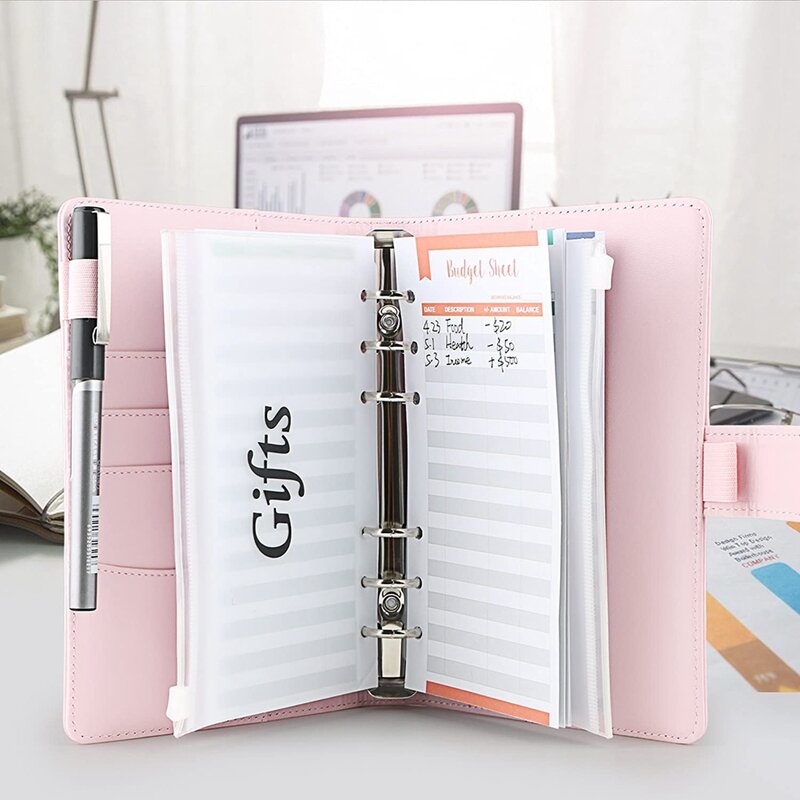 Binder Budget, A6 PU Leather Notebook Planner Organizer Isi Ulang 6 Ring Binder Cover Letter Sticker Labels